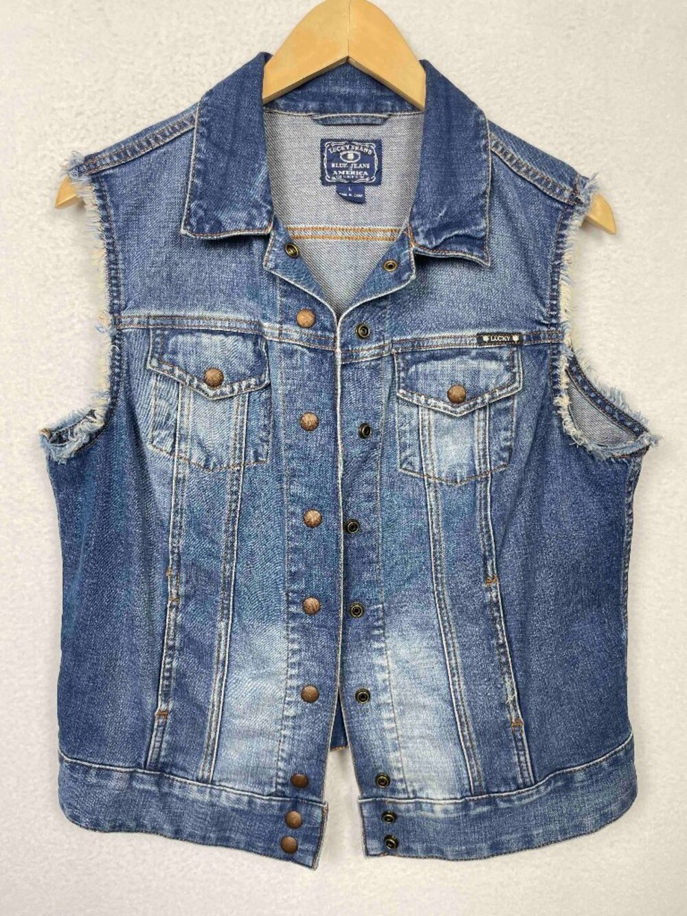 Lucky Brand Sabrina Denim Vest Frayed Distressed Womens Size L